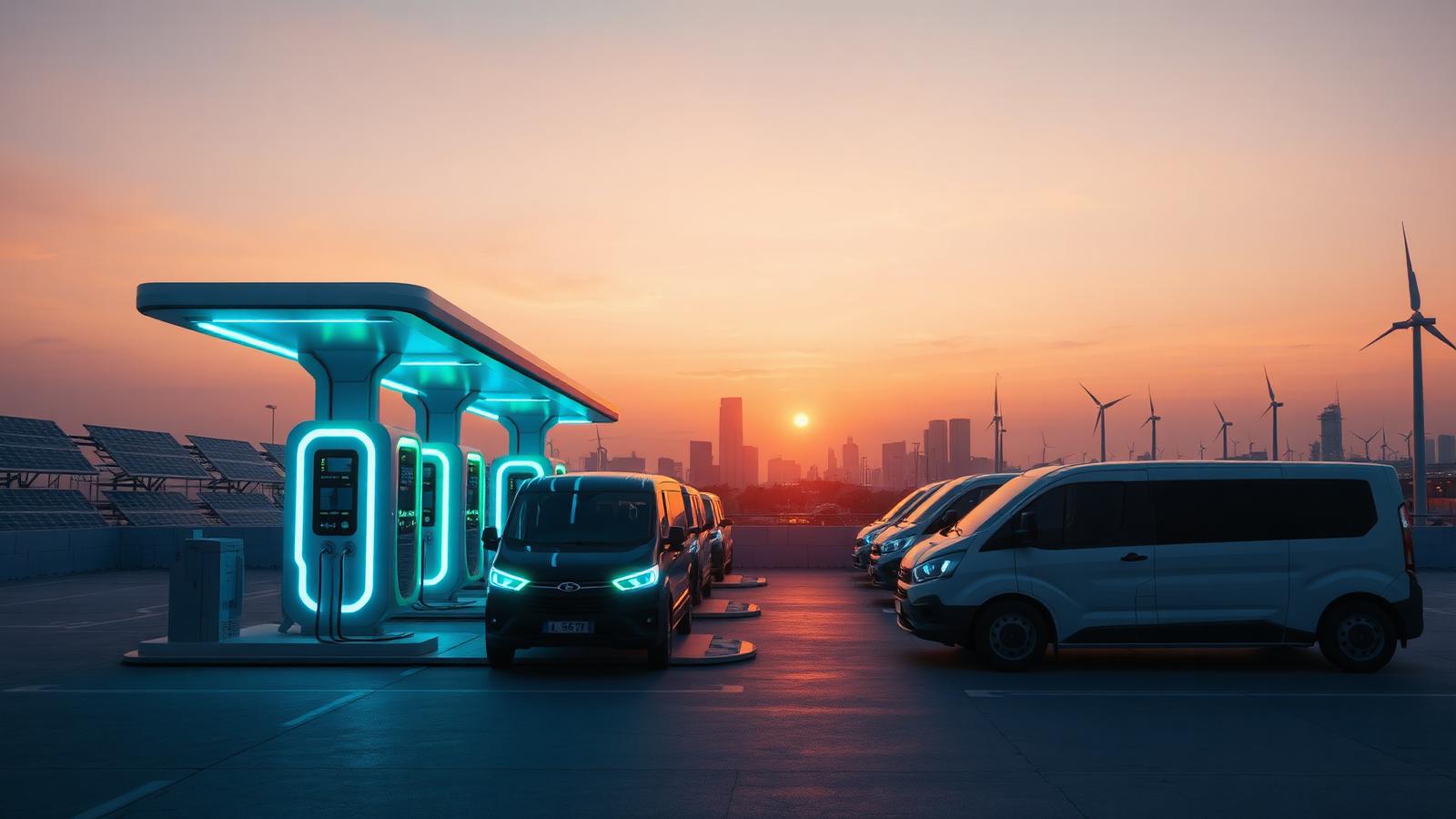 Modern battery swap station serving a fleet of light electric vehicles at dusk with renewable energy in the background