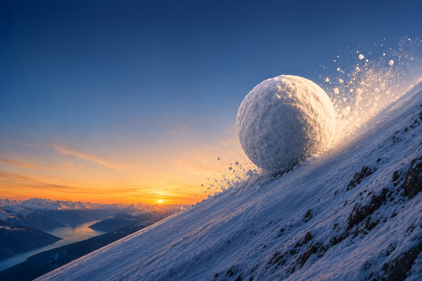 Alpine sunset with a glowing snowball rolling down a mountain slope