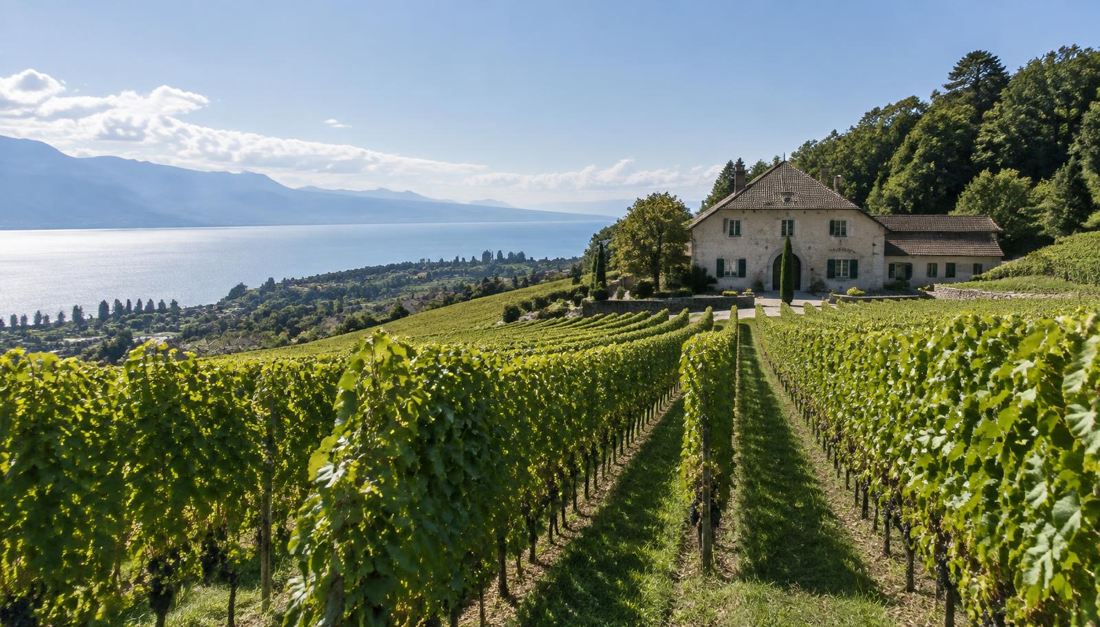 Vine rows at Domaine Viticole de Luins running toward the winery buildings with Lake Geneva beyond
